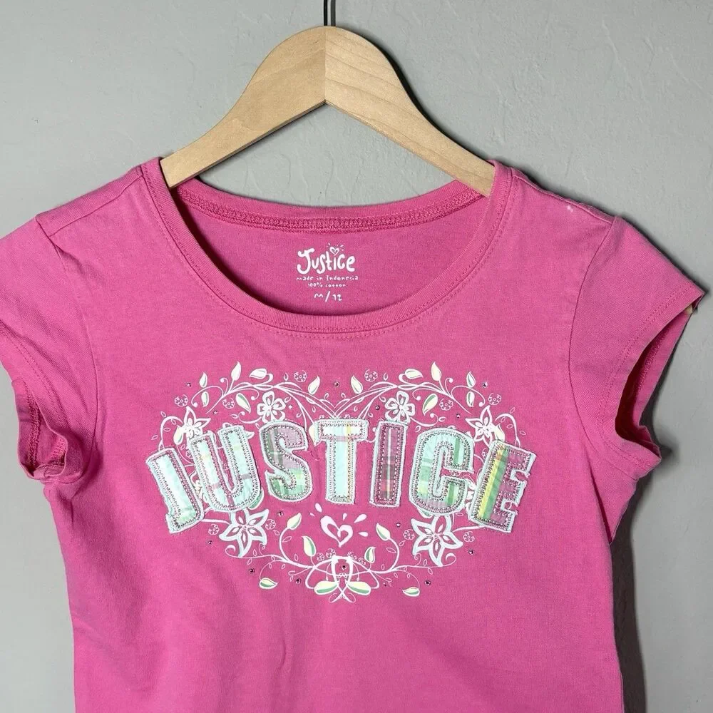 Vintage Y2K Justice Embellished Top Girls M Pink Big Spell Out Tee Rhinestones